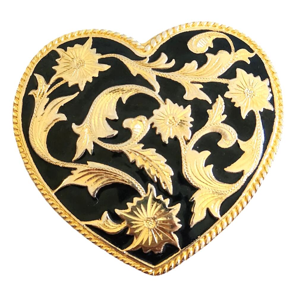 Ladies Black Enamel Heart Western Buckle w/ Gold Floral Etching 3x3